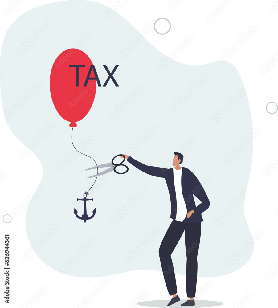 Obraz premium businessman government leader using scissors to cut rope on anchoring balloon with the word tax.flat vector illustration.