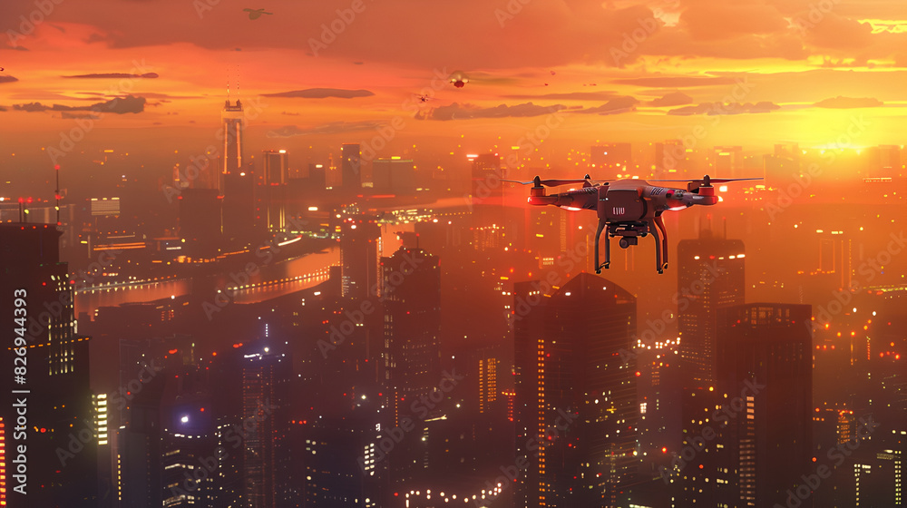 The drone hovers over the city during sunset, futuristic blend of technology and urban environments. The drone hovers over the city during sunset, futuristic blend of technology and urban environments.