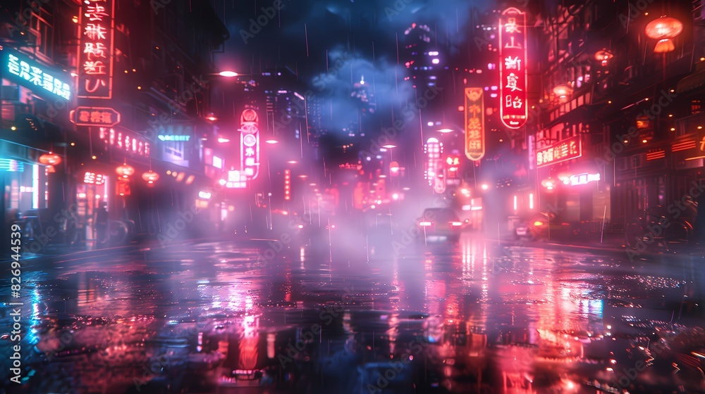futuristic city bathed in soft liquid hues from neon lights