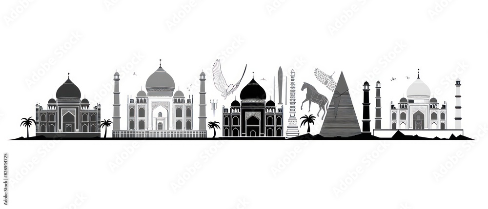 wallpaper of monochromatic iconic landmarks and monuments from different eras and cultures