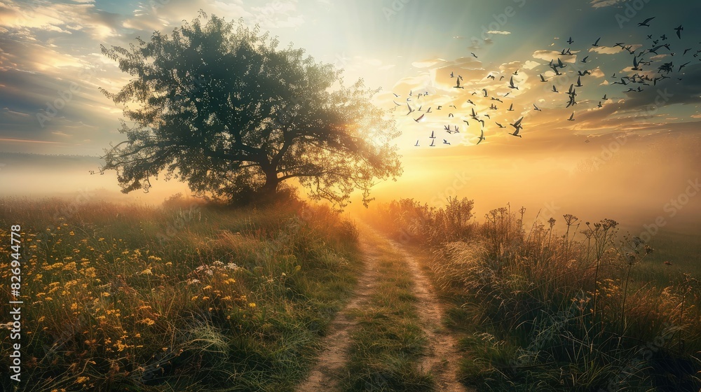 Fototapeta premium grass field wallpaper. landscape forest with fog wallpaper. landscape forest with mountains and fog. landscape mountains with fog wallpaper. forest with fog background. Fantasy landscape forest.