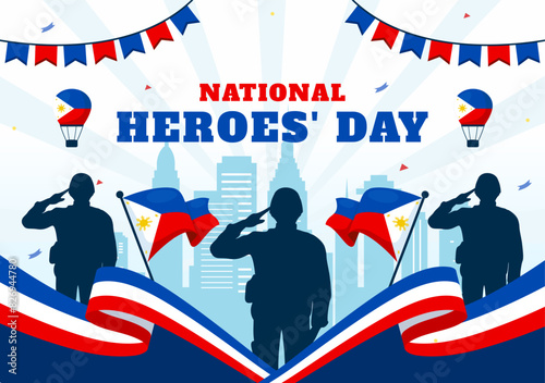 Philippines Heroes Day Vector Illustration on August 29 with Waving Flag and Ribbon in a National Holiday Celebration, Flat Cartoon Style Background