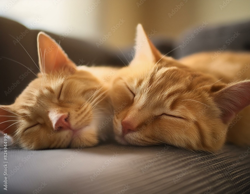 Fototapeta premium 2 yellow cats laying on the couch sleeping sweetly with their eyes closed