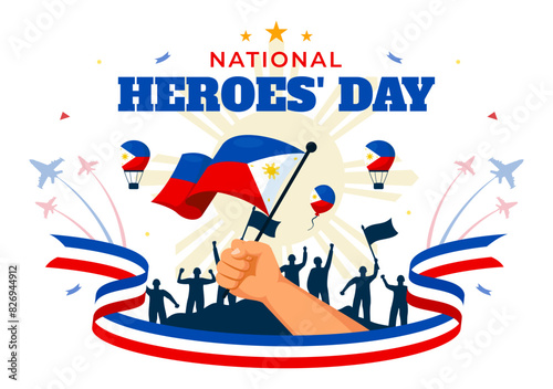 Philippines Heroes Day Vector Illustration on August 29 with Waving Flag and Ribbon in a National Holiday Celebration, Flat Cartoon Style Background