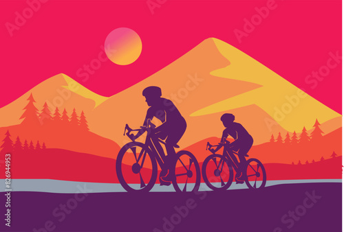Premium editable vector file of two cyclists with good afternoon mountain scene in the background  best for your digital design and print mockup