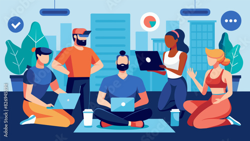 A networking event where fitness enthusiasts VR developers and industry professionals can connect and discuss the latest trends in VR fitness.. Vector illustration