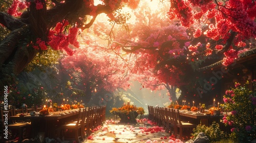 Family members enjoying a festive brunch outdoors during a spring holiday, surrounded by blooming flowers