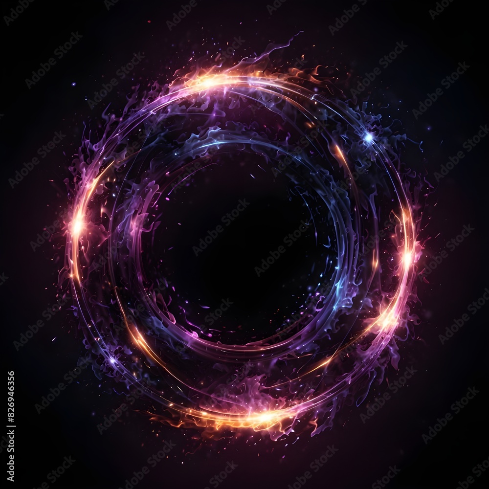 Abstract neon energy sphere of particles and waves of magical glowing on a dark background, circle and loop frames with magic purple and pink flame and sparks isolated on transparent, generative ai Abstract neon energy sphere of particles and waves of magical glowing on a dark background, circle and loop frames with magic purple and pink flame and sparks isolated on transparent, generative ai