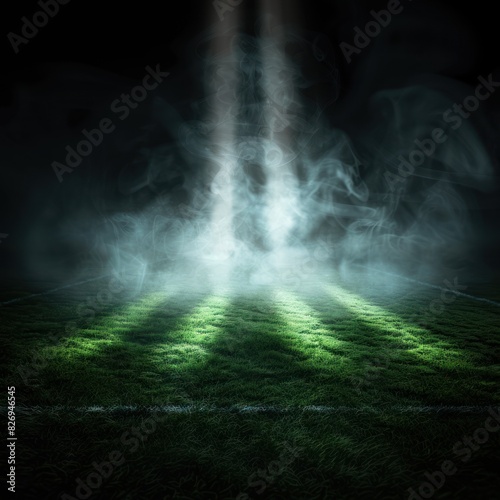 Realistic stadium with floodlights shining on the green grass in the middle of the football field, the bench background is blurry and dark, cinematic dramatic effect of smoke haze photo