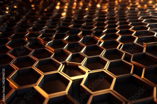 Black abstract futuristic digital geometric technology hexagon background banner illustration  Golden glowing hexagonal 3d shape texture