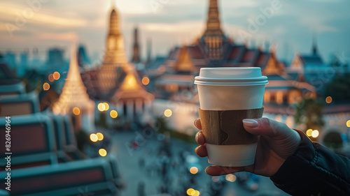Picture of a person holding a take-away coffee cup, with fragrant coffee, and a blurred image of Wat Phra Kaew, Thailand in the background photo