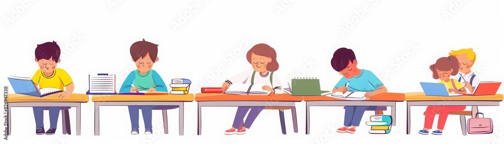 Collection of young boys and girls sitting at desks, reading books, writing school test, sleeping Set of children or students preparing for exams Colorful vector illustration in flat cartoon style, cl Collection of young boys and girls sitting at desks, reading books, writing school test, sleeping Set of children or students preparing for exams Colorful vector illustration in flat cartoon style, cl