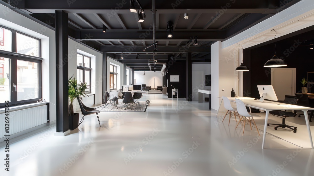 open space office, modern and minimal interior with a good light and black ceiling