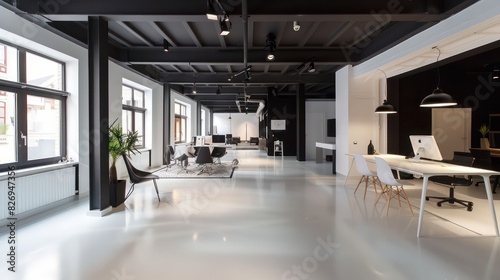 open space office, modern and minimal interior with a good light and black ceiling © marco