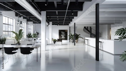 open space office  modern and minimal interior with a good light and black ceiling
