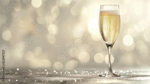 A glass of champagne on a silver background with highlights for Christmas and new year. With Generative AI technology 
