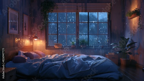 Lofi Cozy Bedroom on a Rainy Night with Window Showing Rain Outside