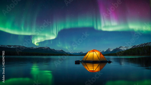 A glowing tent by a calm tranquil lake with the beautiful northern lights dancing in the sky © The A.I Studio