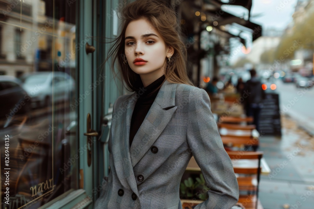 Woman in grey jacket and black turtleneck stands in front of restaurant