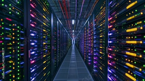 A sprawling data center filled with rows of server racks humming with activity. Colored lights blink rhythmically as vast amounts of information are processed and stored within this digital fortress.