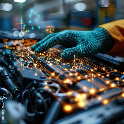 An automotive mechanic's hand holds a car repair icon with digital holography, surrounded by other components representing various engine parts.