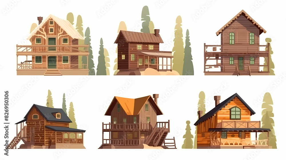 Cabins, wooden houses in forest, mountain village or camp. Small log cottages, huts with chimney, porch and stairs isolated on white background Cabins, wooden houses in forest, mountain village or camp. Small log cottages, huts with chimney, porch and stairs isolated on white background