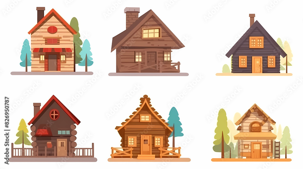 Cabins, wooden houses in forest, mountain village or camp. Small log cottages, huts with chimney, porch and stairs isolated on white background Cabins, wooden houses in forest, mountain village or camp. Small log cottages, huts with chimney, porch and stairs isolated on white background