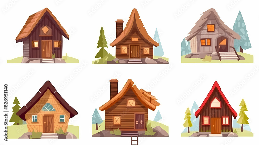 Cabins, wooden houses in forest, mountain village or camp. Small log cottages, huts with chimney, porch and stairs isolated on white background Cabins, wooden houses in forest, mountain village or camp. Small log cottages, huts with chimney, porch and stairs isolated on white background