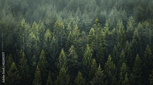 Realistic photography of coniferous forest. Abstract background of a northern forest