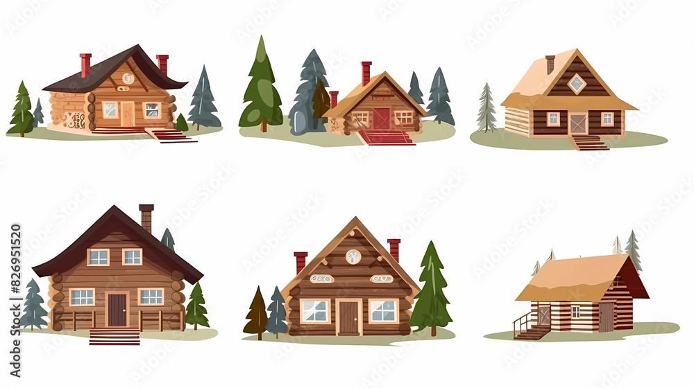 Cabins, wooden houses in forest, mountain village or camp. Small log cottages, huts with chimney, porch and stairs isolated on white background Cabins, wooden houses in forest, mountain village or camp. Small log cottages, huts with chimney, porch and stairs isolated on white background