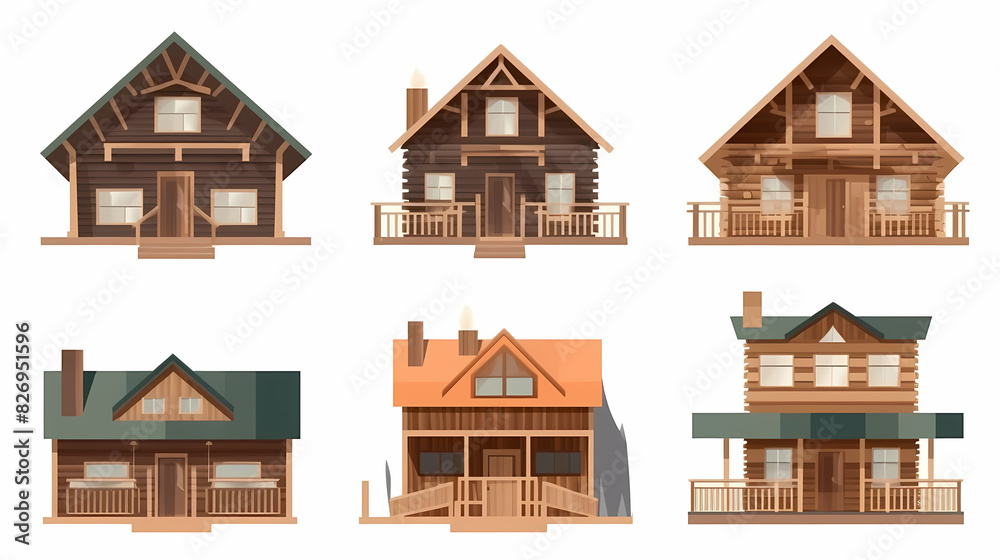 Cabins, wooden houses in forest, mountain village or camp. Small log cottages, huts with chimney, porch and stairs isolated on white background Cabins, wooden houses in forest, mountain village or camp. Small log cottages, huts with chimney, porch and stairs isolated on white background
