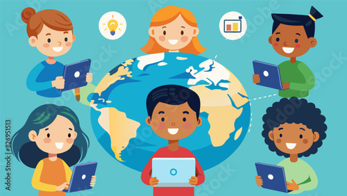 Children from different time zones use the power of technology to connect and form a virtual study group helping each other with assignments and. Vector illustration