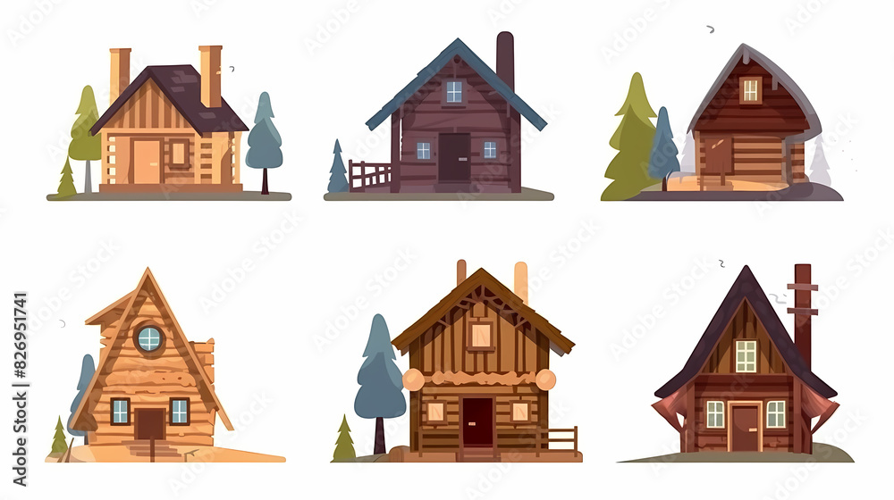 Cabins, wooden houses in forest, mountain village or camp. Small log cottages, huts with chimney, porch and stairs isolated on white background Cabins, wooden houses in forest, mountain village or camp. Small log cottages, huts with chimney, porch and stairs isolated on white background
