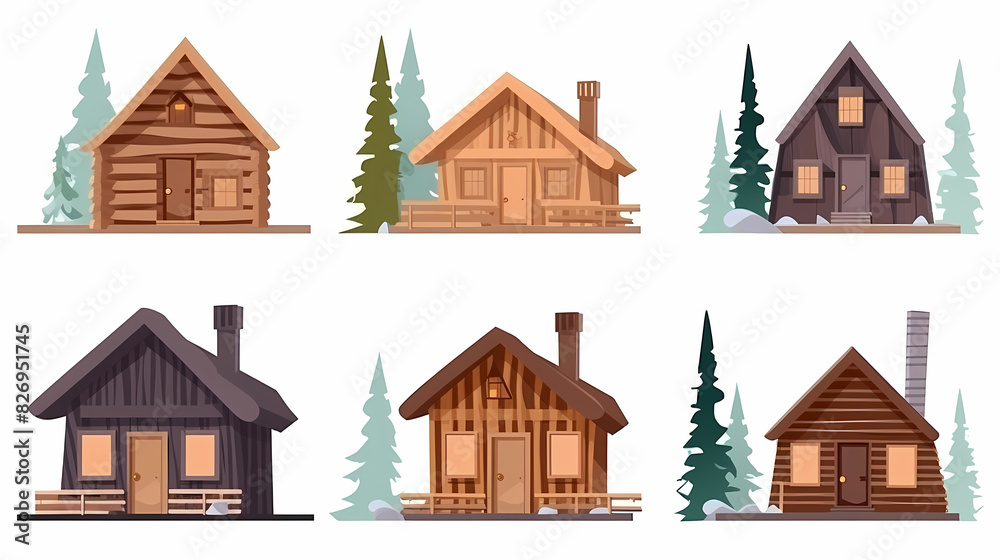 Cabins, wooden houses in forest, mountain village or camp. Small log cottages, huts with chimney, porch and stairs isolated on white background Cabins, wooden houses in forest, mountain village or camp. Small log cottages, huts with chimney, porch and stairs isolated on white background
