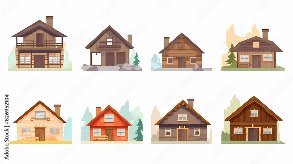Cabins, wooden houses in forest, mountain village or camp. Small log cottages, huts with chimney, porch and stairs isolated on white background Cabins, wooden houses in forest, mountain village or camp. Small log cottages, huts with chimney, porch and stairs isolated on white background