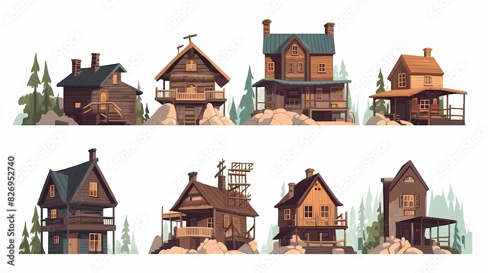 Cabins, wooden houses in forest, mountain village or camp. Small log cottages, huts with chimney, porch and stairs isolated on white background Cabins, wooden houses in forest, mountain village or camp. Small log cottages, huts with chimney, porch and stairs isolated on white background