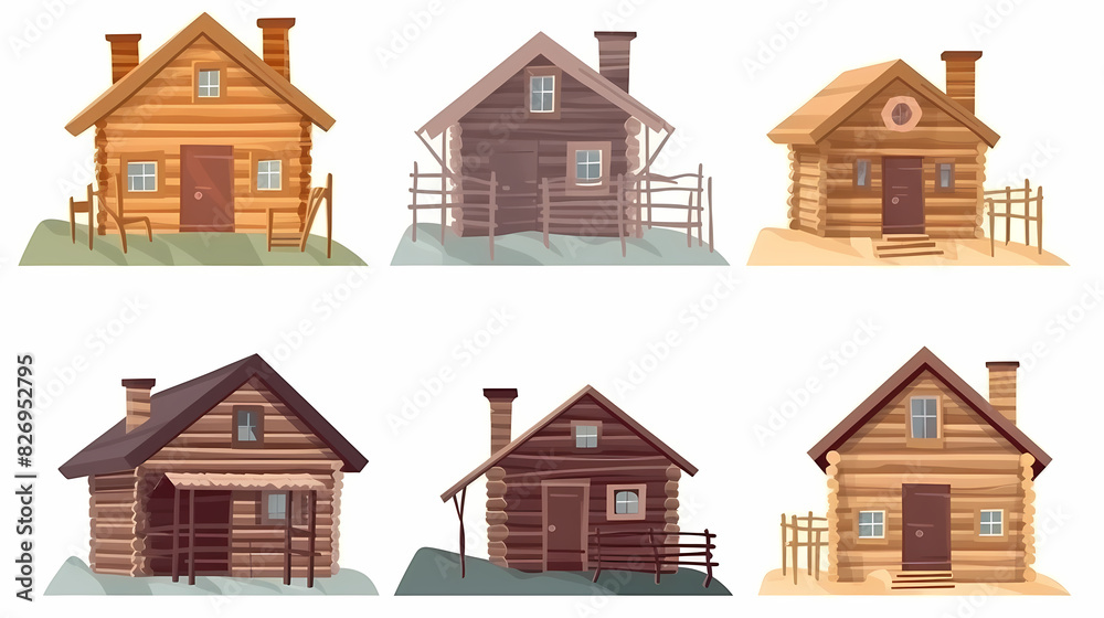 Cabins, wooden houses in forest, mountain village or camp. Small log cottages, huts with chimney, porch and stairs isolated on white background Cabins, wooden houses in forest, mountain village or camp. Small log cottages, huts with chimney, porch and stairs isolated on white background