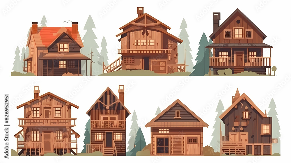 Cabins, wooden houses in forest, mountain village or camp. Small log cottages, huts with chimney, porch and stairs isolated on white background Cabins, wooden houses in forest, mountain village or camp. Small log cottages, huts with chimney, porch and stairs isolated on white background