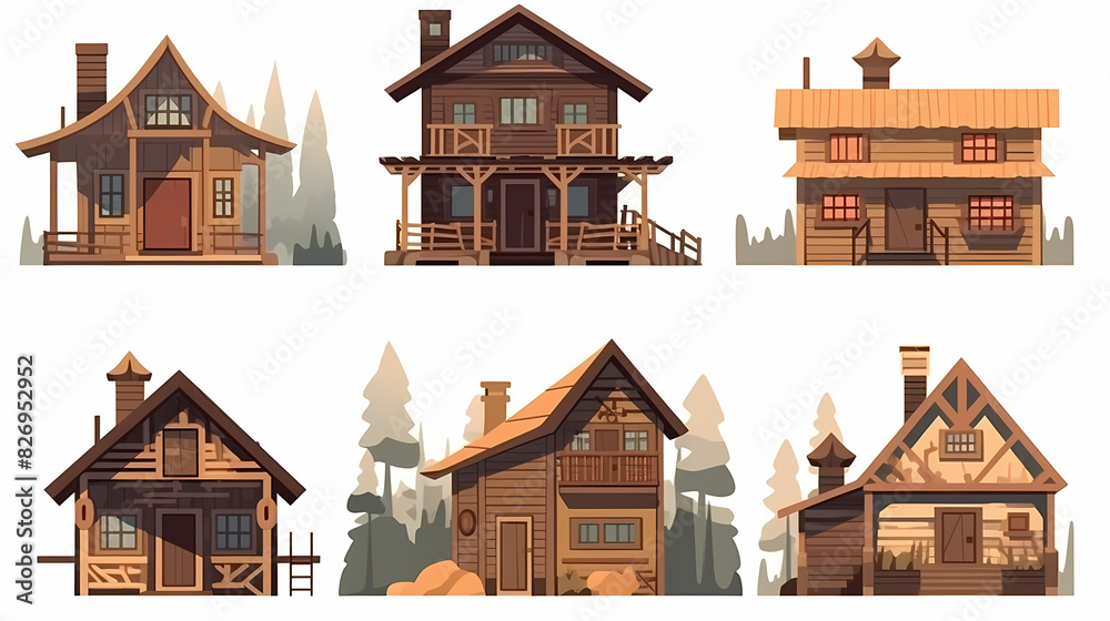 Cabins, wooden houses in forest, mountain village or camp. Small log cottages, huts with chimney, porch and stairs isolated on white background Cabins, wooden houses in forest, mountain village or camp. Small log cottages, huts with chimney, porch and stairs isolated on white background