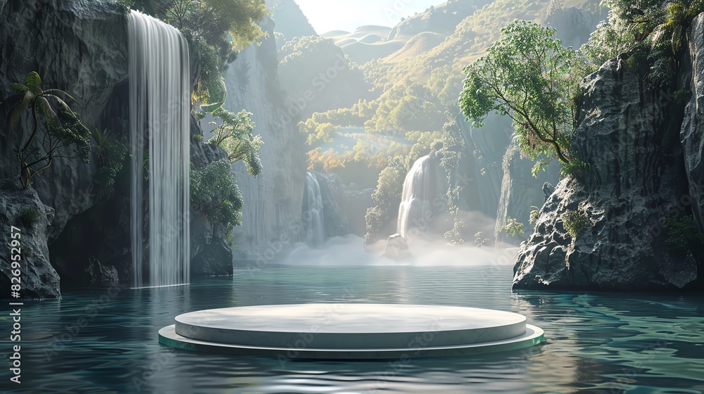Serene natural landscape scene featuring picturesque waterfalls, lush greenery, and a tranquil water body in a tropical paradise. Serene natural landscape scene featuring picturesque waterfalls, lush greenery, and a tranquil water body in a tropical paradise.
