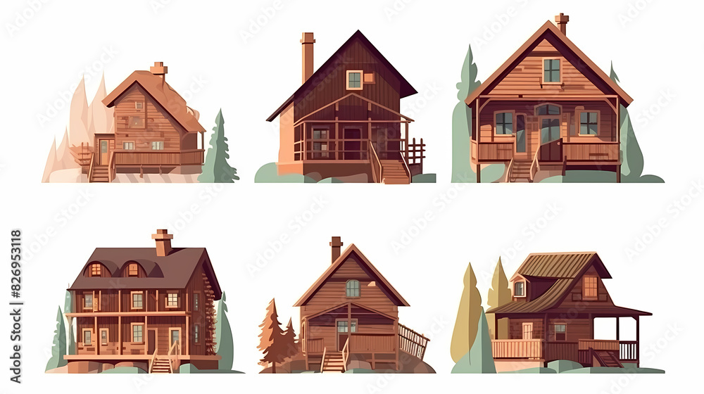 Cabins, wooden houses in forest, mountain village or camp. Small log cottages, huts with chimney, porch and stairs isolated on white background Cabins, wooden houses in forest, mountain village or camp. Small log cottages, huts with chimney, porch and stairs isolated on white background