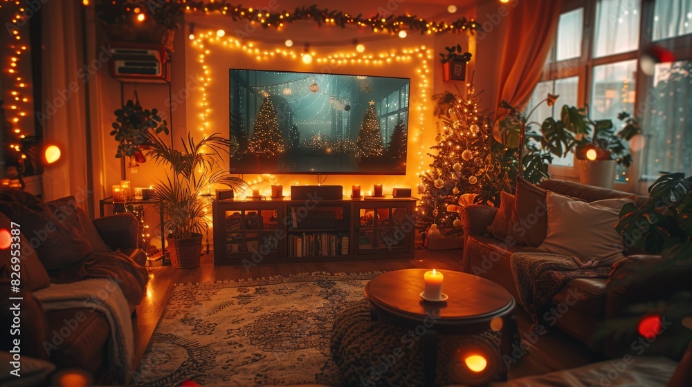 Festive Family Fun: Holiday Karaoke Night in Cozy Living Room with Lights and Garlands Festive Family Fun: Holiday Karaoke Night in Cozy Living Room with Lights and Garlands