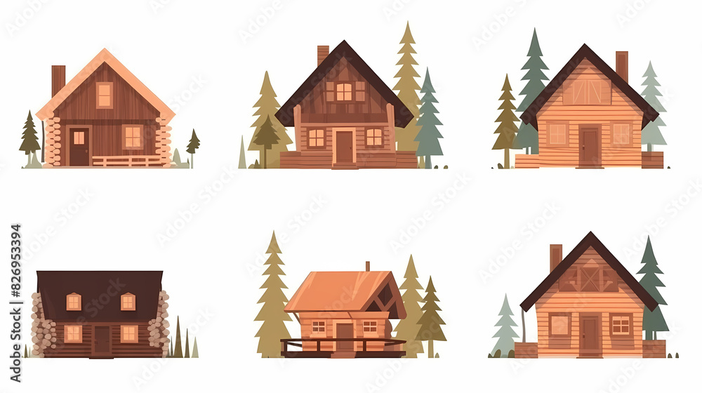 Cabins, wooden houses in forest, mountain village or camp. Small log cottages, huts with chimney, porch and stairs isolated on white background Cabins, wooden houses in forest, mountain village or camp. Small log cottages, huts with chimney, porch and stairs isolated on white background