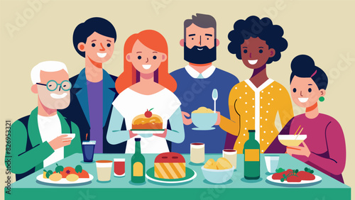 As the plates are cleared the group gathers for a picture symbolizing the unity and harmony achieved through this communal meal.. Vector illustration