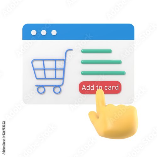 3d render online shopping bag for product add to card on web browser. 3d online shopping icon with commercial market. 3d icon and shop purchase basket store on e-commerce.3D rendering. photo