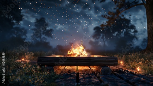 Campfire burning brightly under a starry sky with mountains in the background.