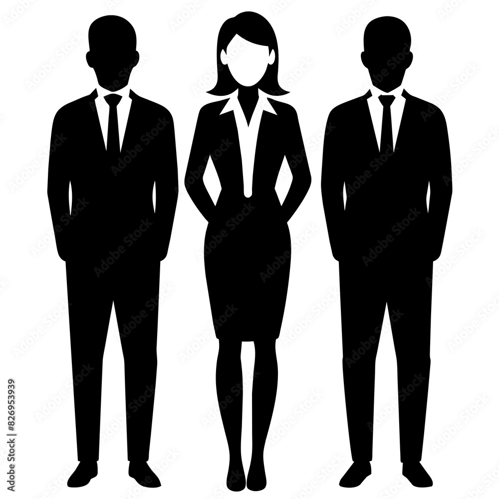 Vector silhouettes of men and a women, a group of standing and walking business people, black color isolated on white background. Vector silhouettes of men and a women, a group of standing and walking business people, black color isolated on white background.