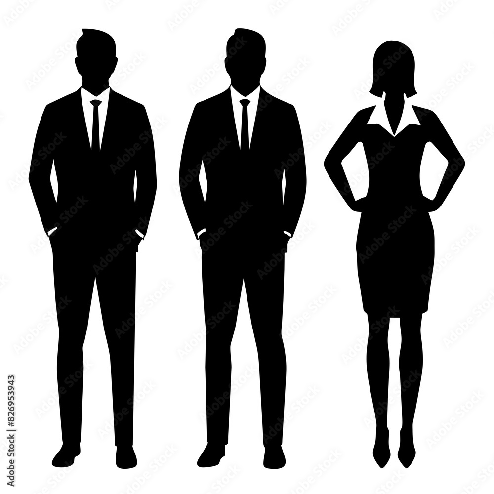 Vector silhouettes of men and a women, a group of standing and walking business people, black color isolated on white background. Vector silhouettes of men and a women, a group of standing and walking business people, black color isolated on white background.