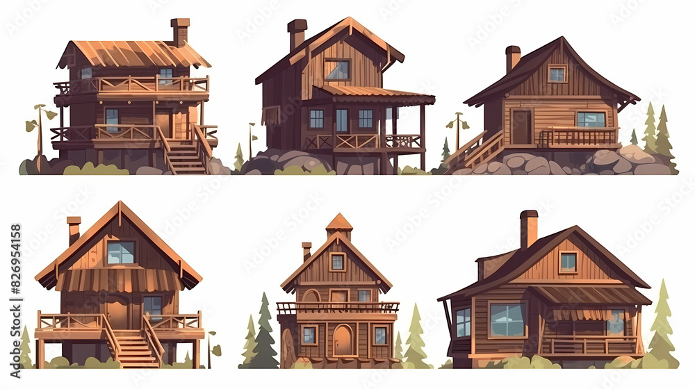 Cabins, wooden houses in forest, mountain village or camp. Small log cottages, huts with chimney, porch and stairs isolated on white background Cabins, wooden houses in forest, mountain village or camp. Small log cottages, huts with chimney, porch and stairs isolated on white background