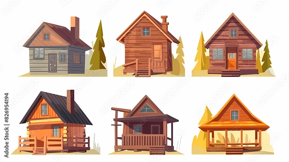 Cabins, wooden houses in forest, mountain village or camp. Small log cottages, huts with chimney, porch and stairs isolated on white background Cabins, wooden houses in forest, mountain village or camp. Small log cottages, huts with chimney, porch and stairs isolated on white background